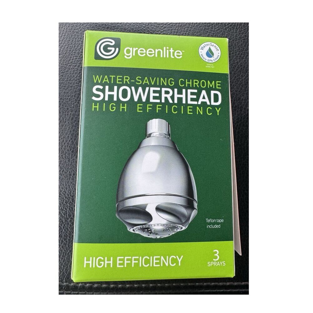 Greenlite Chrome Fixed Shower Head- 3 spray settings-WaterSense, includes tape
